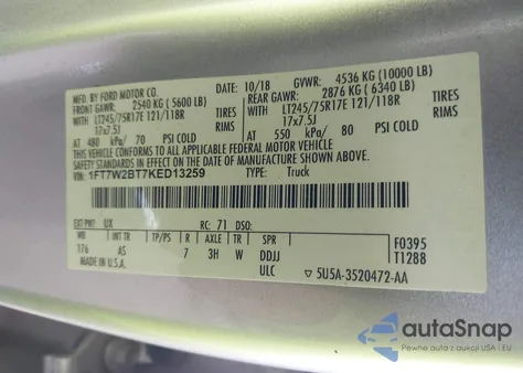 2019 Ford F-250 Xl из США, поврежденный, VIN 1FT7W2BT7KED13259